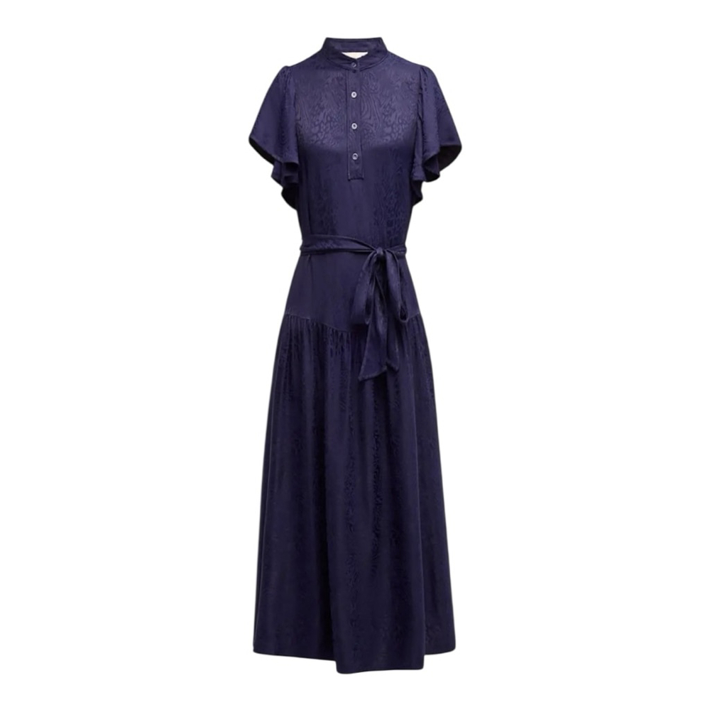 Women's Shoshanna Navy Jacquard Ruffle Sleeve Belted Midi Dress Size 6 - Picture 2 of 12